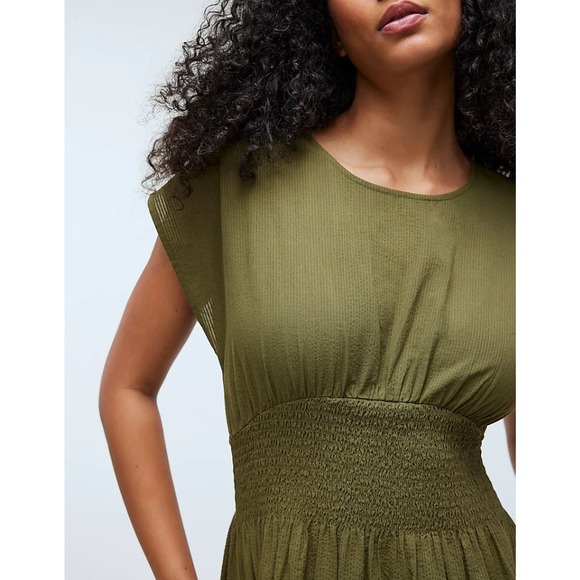 Madewell Kaya Smocked-Waist Midi Dress in Stripe Seersucker Olive Linen Blend XL - Picture 5 of 6